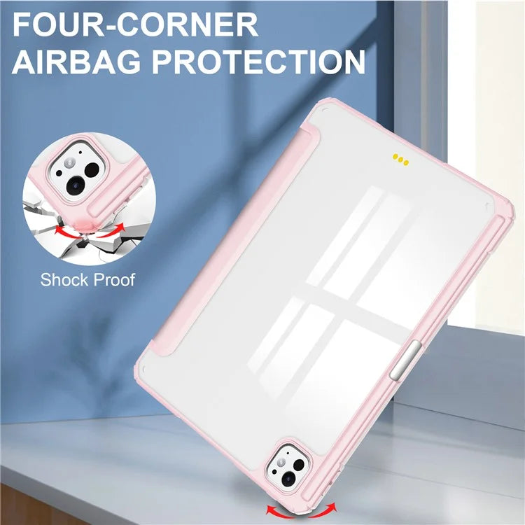 For iPad Pro 11 (2024) Case PU Leather+TPU+Acrylic Clear Tablet Cover with Pen Slot