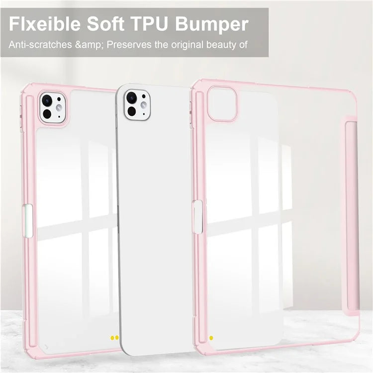 For iPad Pro 11 (2024) Case PU Leather+TPU+Acrylic Clear Tablet Cover with Pen Slot