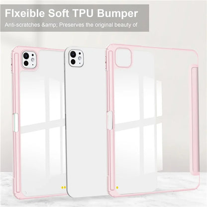 For iPad Pro 11 (2024) Case PU Leather+TPU+Acrylic Clear Tablet Cover with Pen Slot