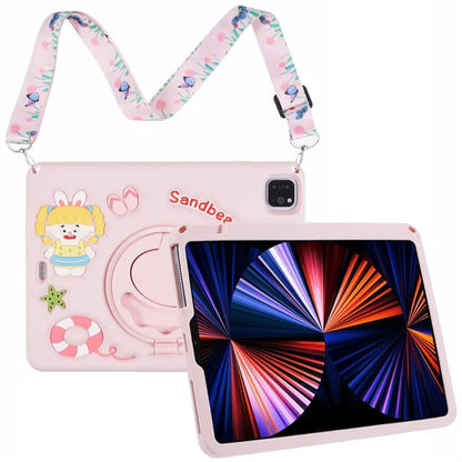 For iPad Air (2020) / (2022) / iPad Pro 11 (2018) / (2020) / (2021) / (2022) Kickstand Silicone Case Sandbeach Girl Cover with Lanyard