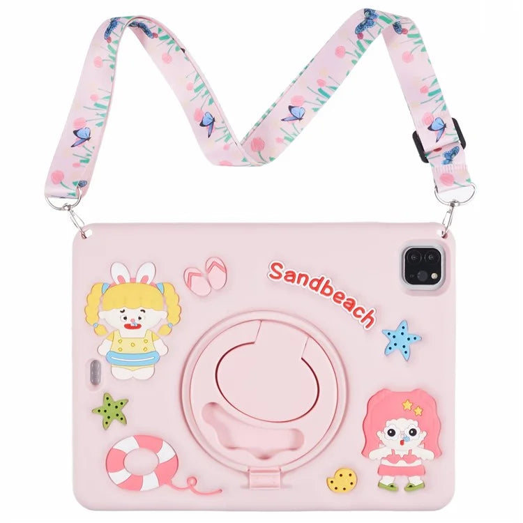 For iPad Air (2020) / (2022) / iPad Pro 11 (2018) / (2020) / (2021) / (2022) Kickstand Silicone Case Sandbeach Girl Cover with Lanyard