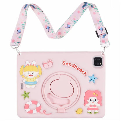 For iPad Air (2020) / (2022) / iPad Pro 11 (2018) / (2020) / (2021) / (2022) Kickstand Silicone Case Sandbeach Girl Cover with Lanyard