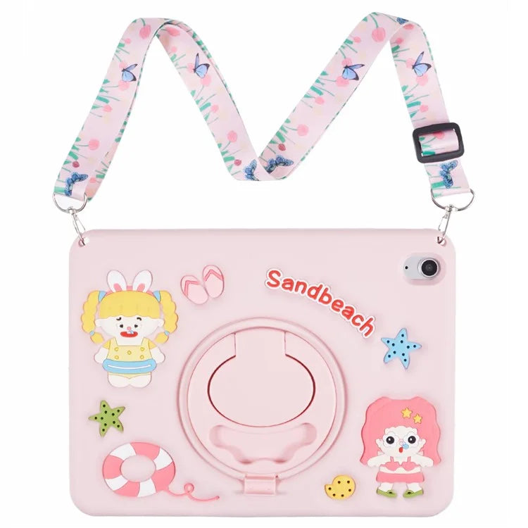 For iPad 10.9 (2022) Silicone Case with Lanyard Sandbeach Girl Pattern Kickstand Tablet Cover