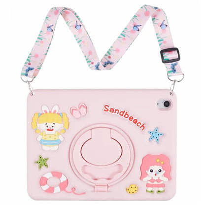 For iPad 10.9 (2022) Silicone Case with Lanyard Sandbeach Girl Pattern Kickstand Tablet Cover