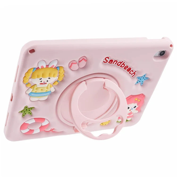 For iPad 10.9 (2022) Silicone Case with Lanyard Sandbeach Girl Pattern Kickstand Tablet Cover