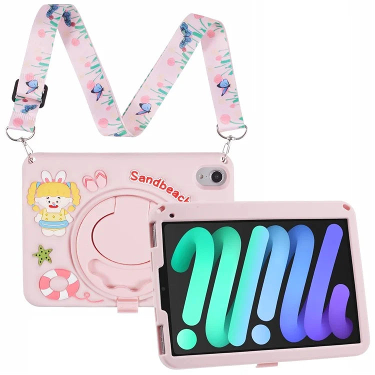 For iPad mini (2021) Case with Lanyard Silicone Sandbeach Girl Rotary Kickstand Protective Cover