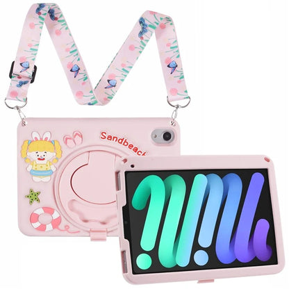 For iPad mini (2021) Case with Lanyard Silicone Sandbeach Girl Rotary Kickstand Protective Cover