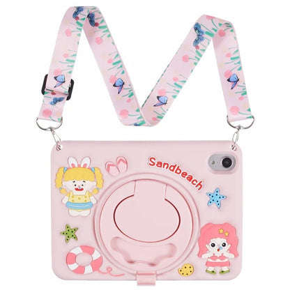 For iPad mini (2021) Case with Lanyard Silicone Sandbeach Girl Rotary Kickstand Protective Cover
