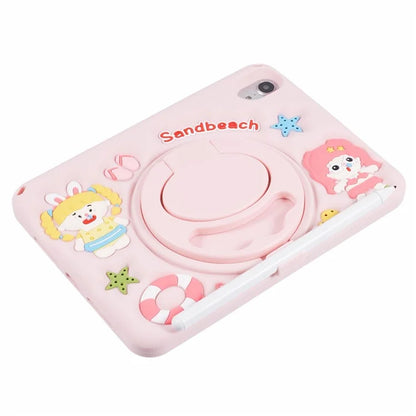 For iPad mini (2021) Case with Lanyard Silicone Sandbeach Girl Rotary Kickstand Protective Cover