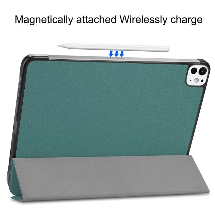 For iPad Pro 11 (2024) Case PC+PU Auto Wake Sleep Tablet Shell with Tri-fold Standish Green