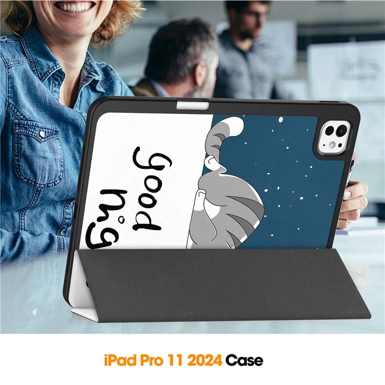 For iPad Pro 11 (2024) Case Pattern Printing PU Leather Tri-fold Stand Cover with Pen Slot