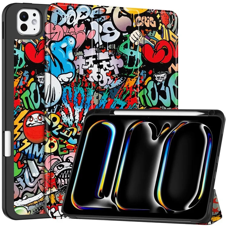 For iPad Pro 11 (2024) Case Pattern Printing PU Leather Tri-fold Stand Cover with Pen Slot