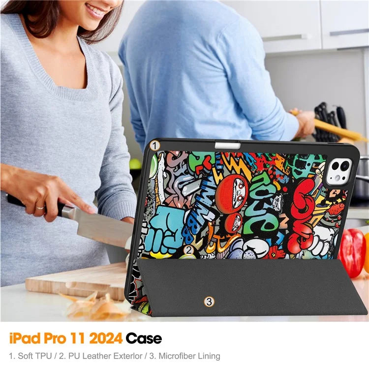 For iPad Pro 11 (2024) Case Pattern Printing PU Leather Tri-fold Stand Cover with Pen Slot