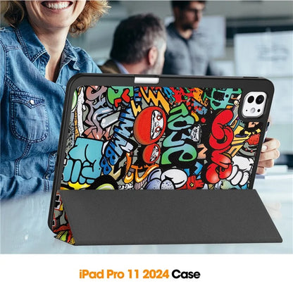 For iPad Pro 11 (2024) Case Pattern Printing PU Leather Tri-fold Stand Cover with Pen Slot