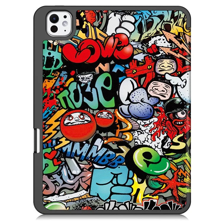 For iPad Pro 11 (2024) Case Pattern Printing PU Leather Tri-fold Stand Cover with Pen Slot