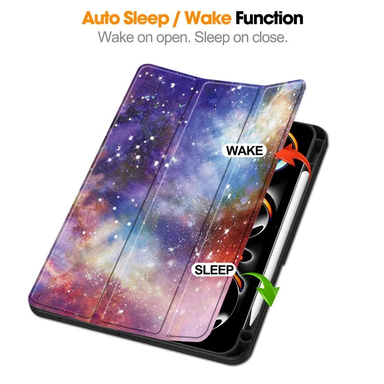 For iPad Pro 11 (2024) Case Pattern Printing PU Leather Tri-fold Stand Cover with Pen Slot