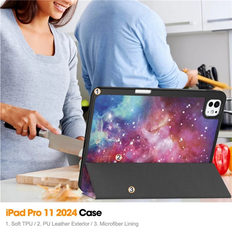 For iPad Pro 11 (2024) Case Pattern Printing PU Leather Tri-fold Stand Cover with Pen Slot