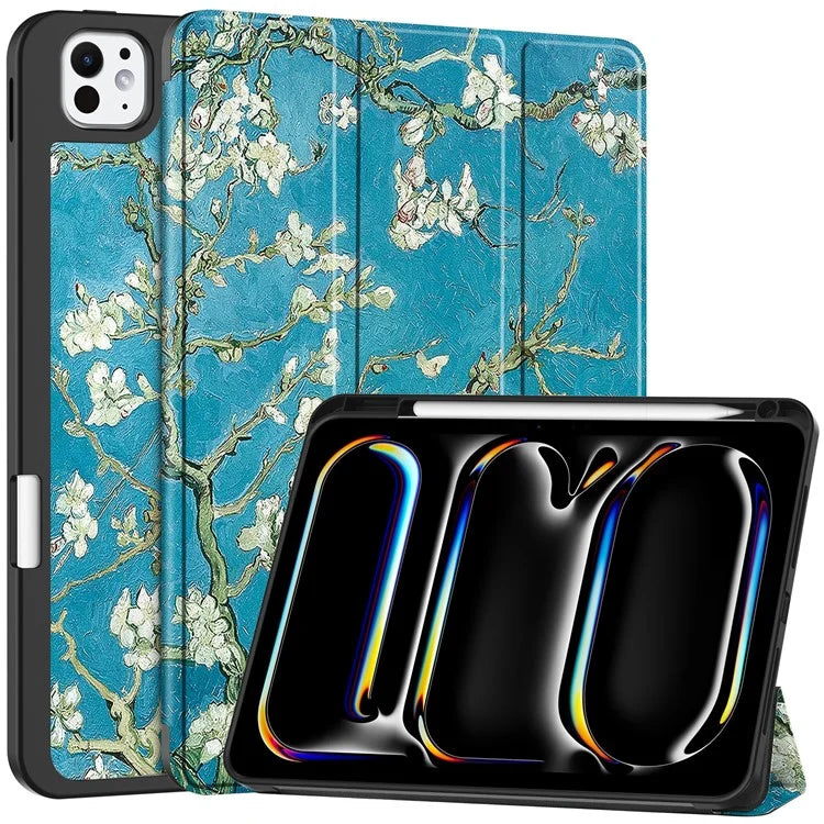 For iPad Pro 11 (2024) Case Pattern Printing PU Leather Tri-fold Stand Cover with Pen Slot
