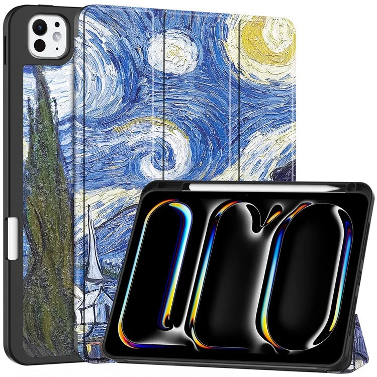 For iPad Pro 11 (2024) Case Pattern Printing PU Leather Tri-fold Stand Cover with Pen Slot