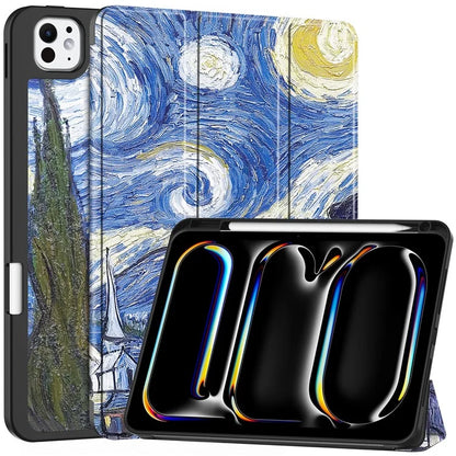 For iPad Pro 11 (2024) Case Pattern Printing PU Leather Tri-fold Stand Cover with Pen Slot