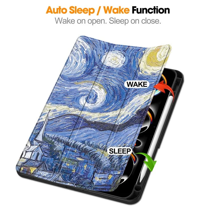 For iPad Pro 11 (2024) Case Pattern Printing PU Leather Tri-fold Stand Cover with Pen Slot