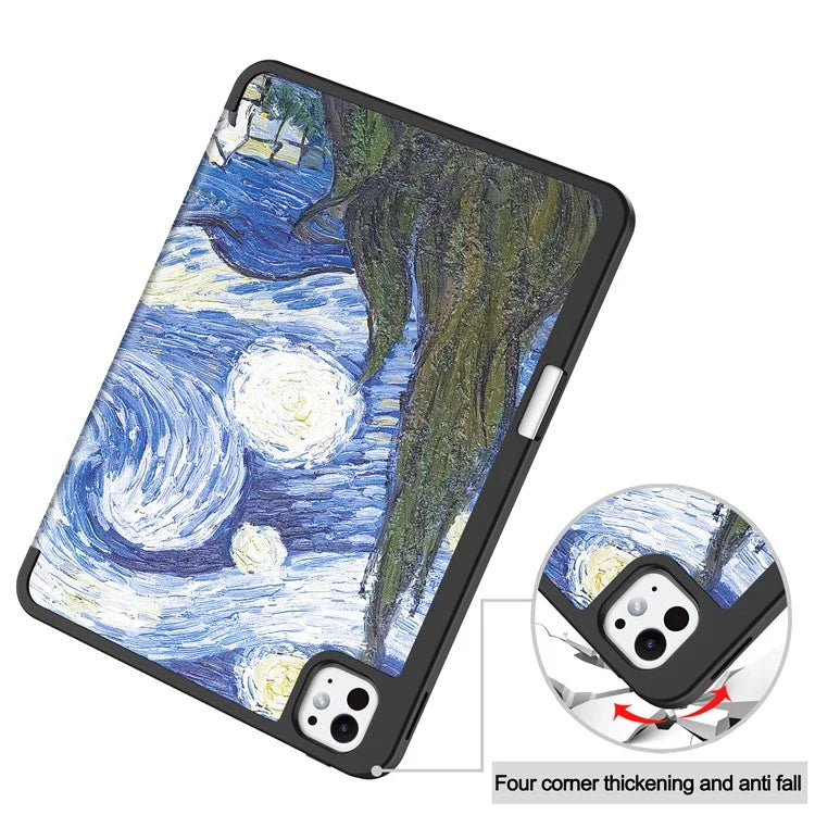 For iPad Pro 11 (2024) Case Pattern Printing PU Leather Tri-fold Stand Cover with Pen Slot