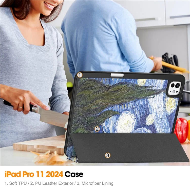 For iPad Pro 11 (2024) Case Pattern Printing PU Leather Tri-fold Stand Cover with Pen Slot