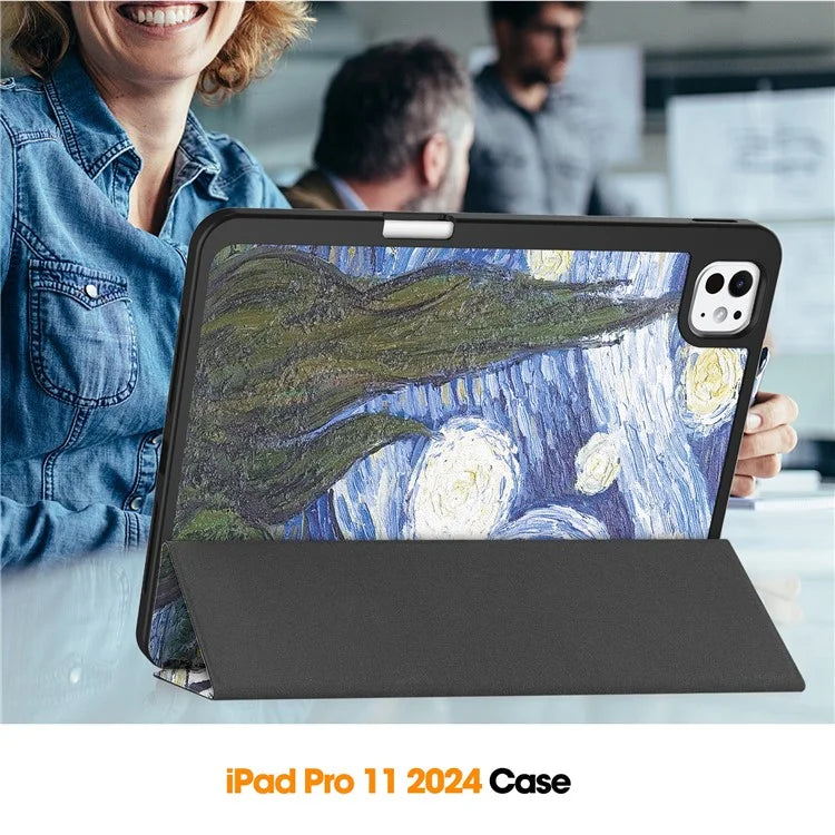 For iPad Pro 11 (2024) Case Pattern Printing PU Leather Tri-fold Stand Cover with Pen Slot