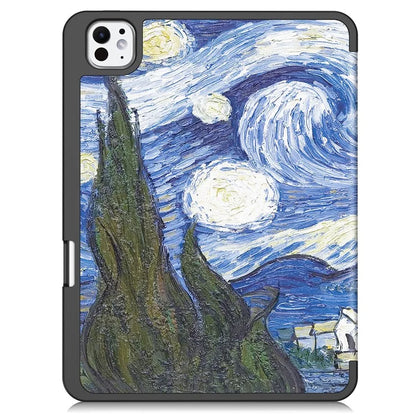 For iPad Pro 11 (2024) Case Pattern Printing PU Leather Tri-fold Stand Cover with Pen Slot