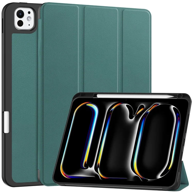 For iPad Pro 11 (2024) Leather Case Drop-proof Tri-fold Stand Tablet Cover with Pen Slotish Green