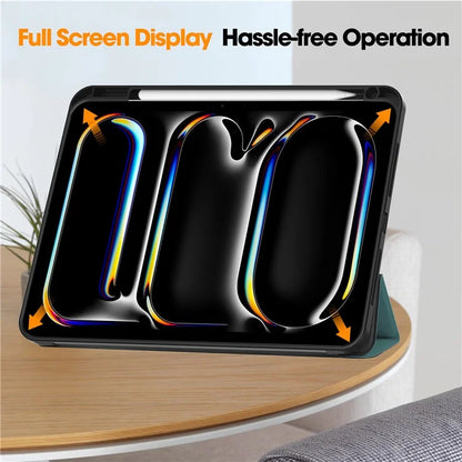 For iPad Pro 11 (2024) Leather Case Drop-proof Tri-fold Stand Tablet Cover with Pen Slotish Green