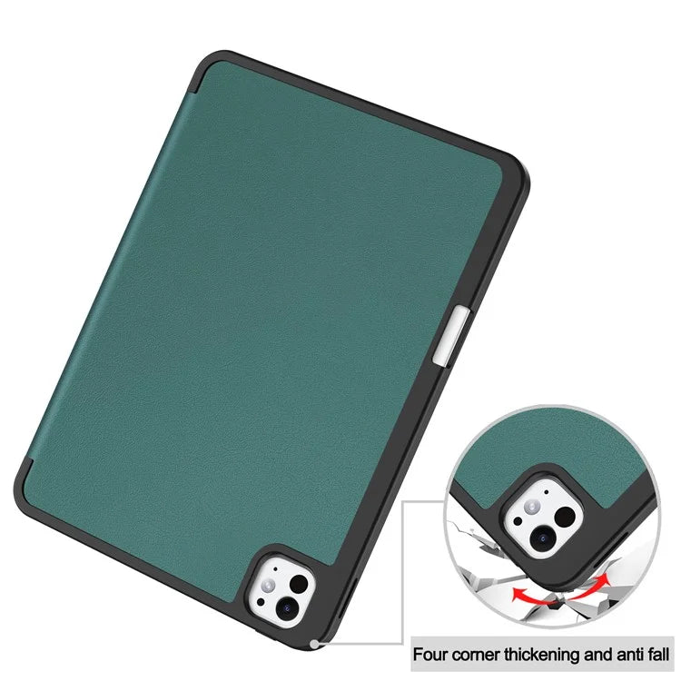 For iPad Pro 11 (2024) Leather Case Drop-proof Tri-fold Stand Tablet Cover with Pen Slotish Green