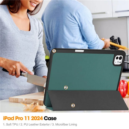 For iPad Pro 11 (2024) Leather Case Drop-proof Tri-fold Stand Tablet Cover with Pen Slotish Green