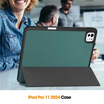 For iPad Pro 11 (2024) Leather Case Drop-proof Tri-fold Stand Tablet Cover with Pen Slotish Green