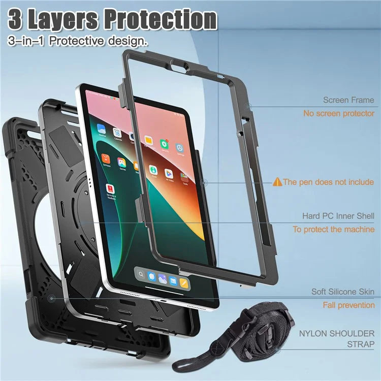 For Xiaomi Pad 5 Case PC+Silicone Shockproof Tablet Cover with Rotating Kickstand / Shoulder Strap