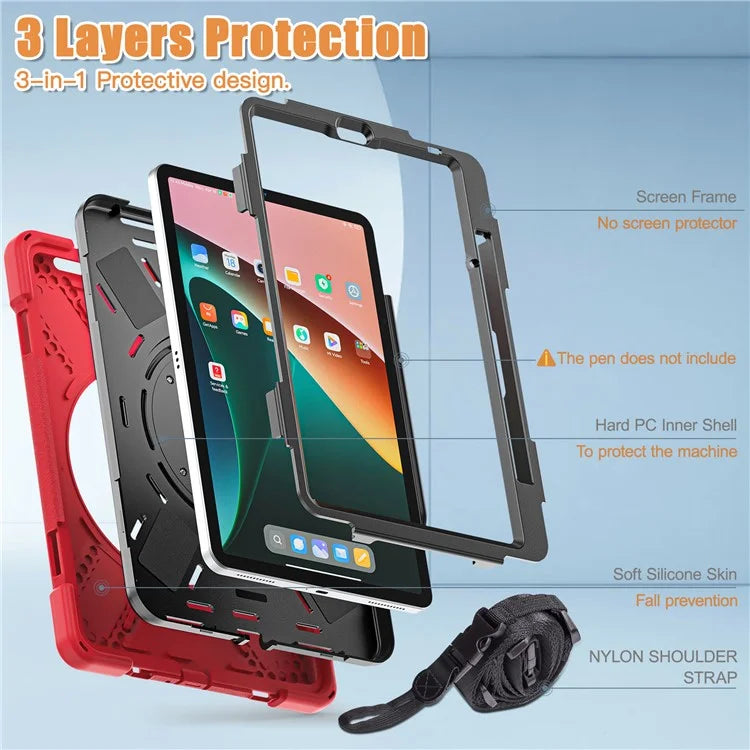 For Xiaomi Pad 5 Case PC+Silicone Shockproof Tablet Cover with Rotating Kickstand / Shoulder Strap