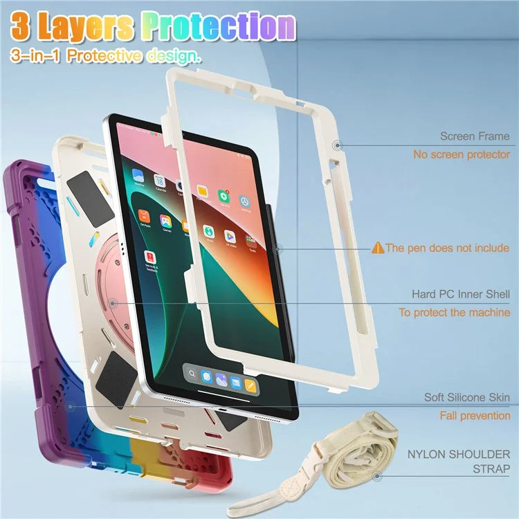 For Xiaomi Pad 5 Case PC+Silicone Shockproof Tablet Cover with Rotating Kickstand / Shoulder Strap