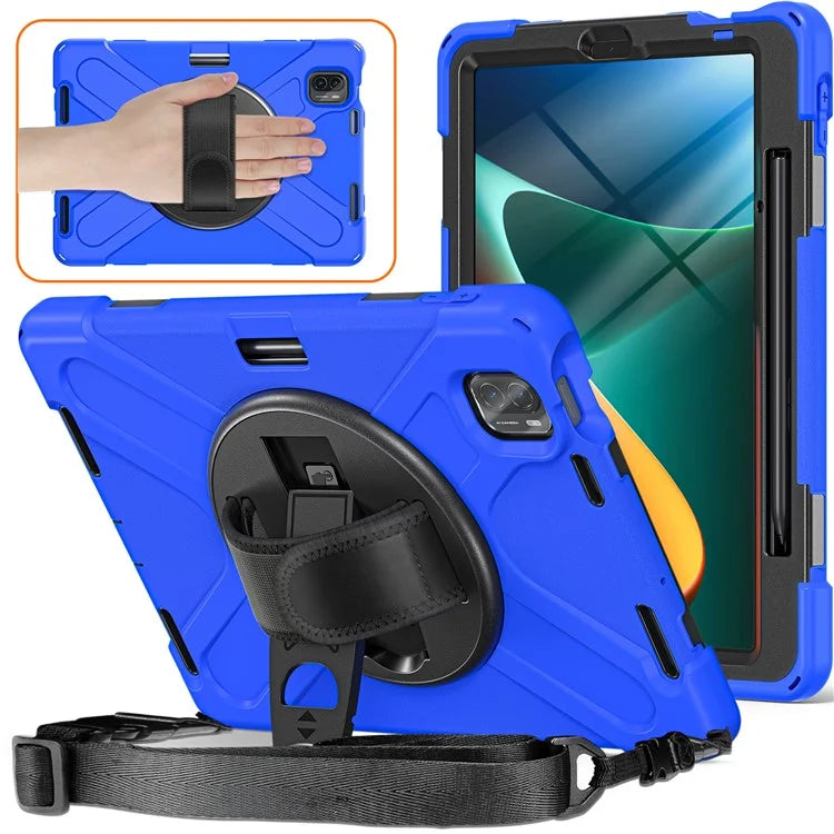 For Xiaomi Pad 5 Case Hand Strap Kickstand PC+Silicone Tablet Cover with Shoulder Strap