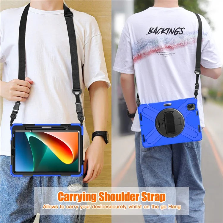 For Xiaomi Pad 5 Case Hand Strap Kickstand PC+Silicone Tablet Cover with Shoulder Strap