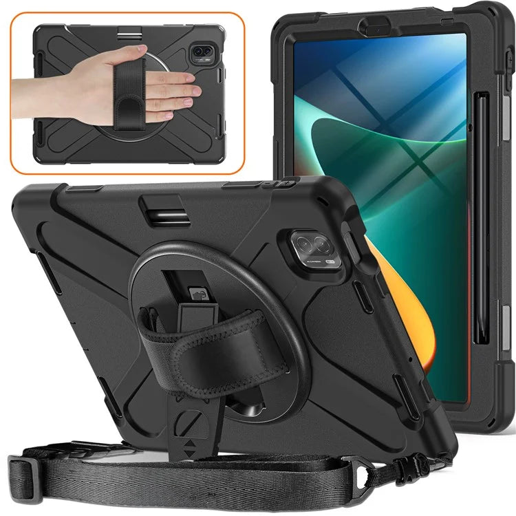 For Xiaomi Pad 5 Case Hand Strap Kickstand PC+Silicone Tablet Cover with Shoulder Strap
