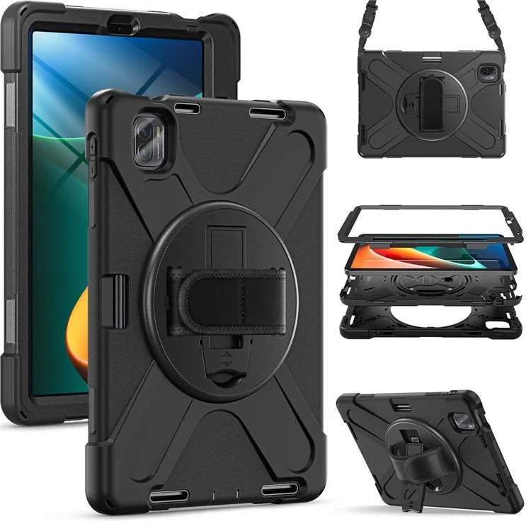 For Xiaomi Pad 5 Case Hand Strap Kickstand PC+Silicone Tablet Cover with Shoulder Strap