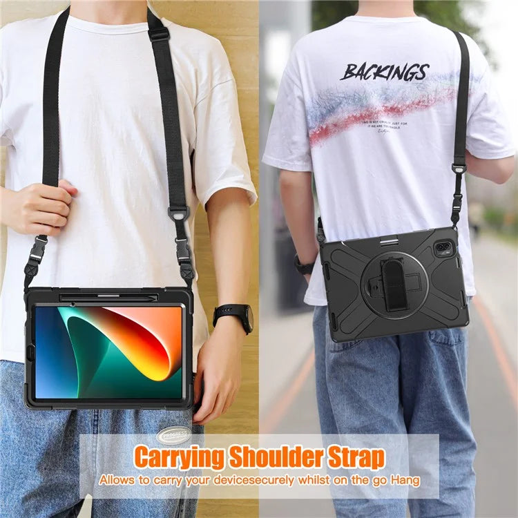 For Xiaomi Pad 5 Case Hand Strap Kickstand PC+Silicone Tablet Cover with Shoulder Strap