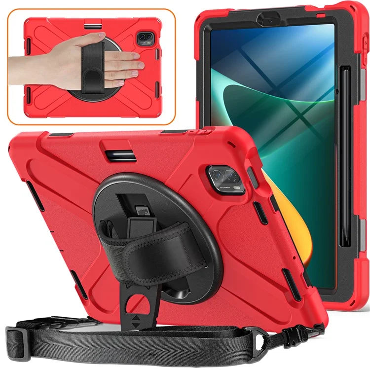 For Xiaomi Pad 5 Case Hand Strap Kickstand PC+Silicone Tablet Cover with Shoulder Strap