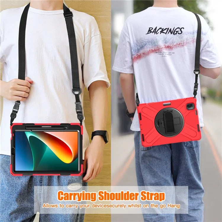 For Xiaomi Pad 5 Case Hand Strap Kickstand PC+Silicone Tablet Cover with Shoulder Strap