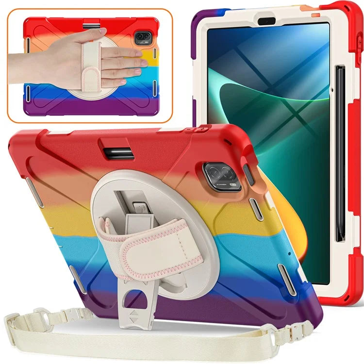 For Xiaomi Pad 5 Case Hand Strap Kickstand PC+Silicone Tablet Cover with Shoulder Strap