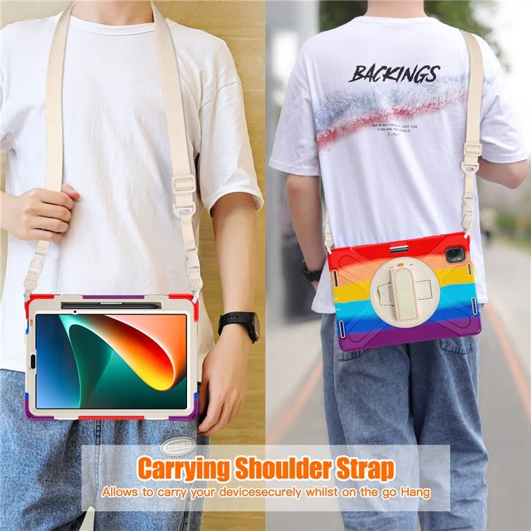 For Xiaomi Pad 5 Case Hand Strap Kickstand PC+Silicone Tablet Cover with Shoulder Strap