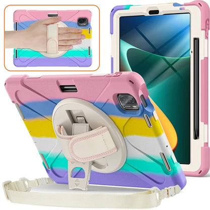 For Xiaomi Pad 5 Case Hand Strap Kickstand PC+Silicone Tablet Cover with Shoulder Strap