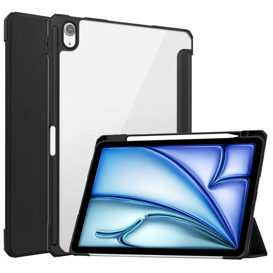 For iPad Air 11 (2024) Clear Case PU Leather Auto Wake Sleep Protective Cover with Pen Slot