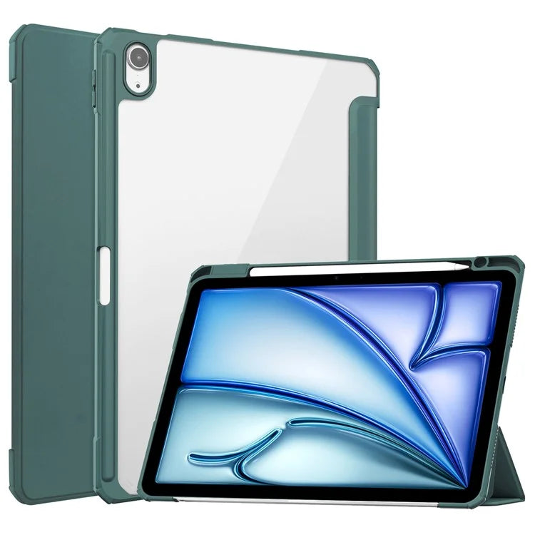 For iPad Air 11 (2024) Clear Case PU Leather Auto Wake Sleep Protective Cover with Pen Slot