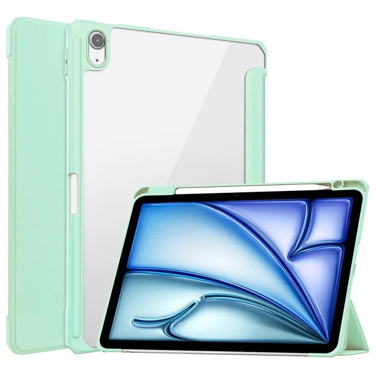 For iPad Air 11 (2024) Clear Case PU Leather Auto Wake Sleep Protective Cover with Pen Slot